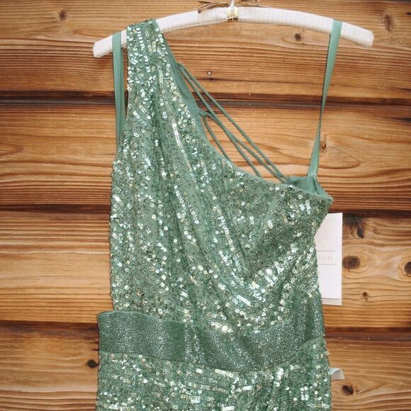 NWT Mac Duggal SEQUINED ONE SHOULDER DRAPED LACE UP GOWN 5687 Green Size 14 - Picture 7 of 16